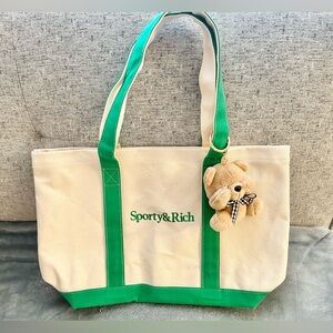 Sporty & Rich Off-White & Green Serif Two-Tone Canvas Tote Bag